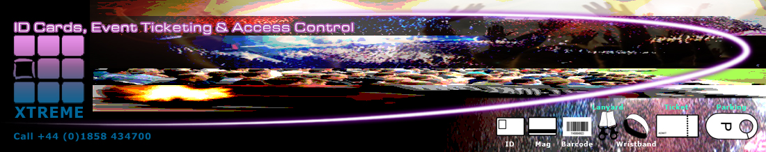 ID Cards, event ticketing and Access Control. Icons for id card, Mag Stripe card, barcode, lanyards, wristbands, event ticket and parking hanger